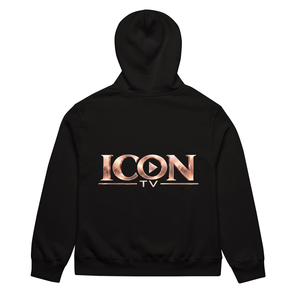 ICON TV Skyline Hoodie in black, back view with large rose-gold ICON TV logo