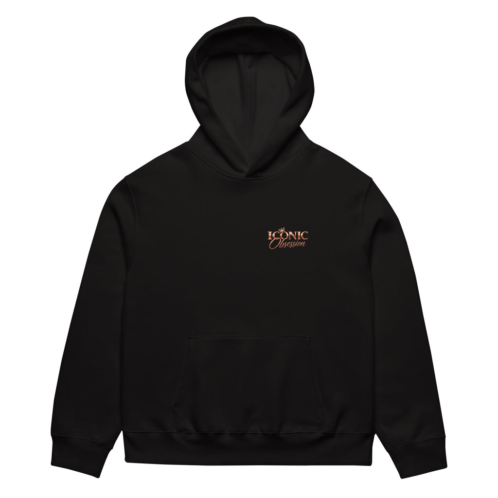 ICONIC Obsession Signature Hoodie in black, front view with rose-gold left-chest logo