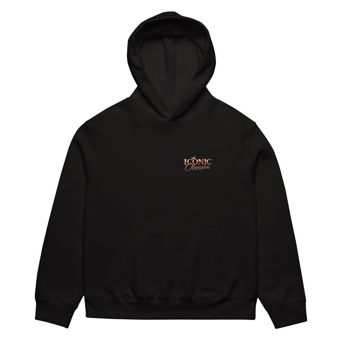 ICONIC Obsession Signature Hoodie in black, front view with rose-gold left-chest logo