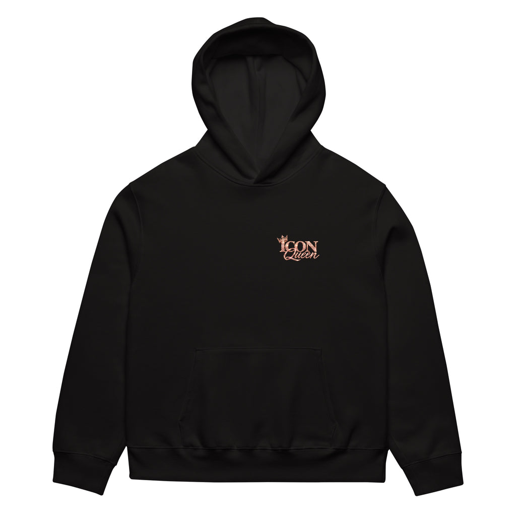 ICON Queen Hoodie in black, front view with rose-gold left-chest logo