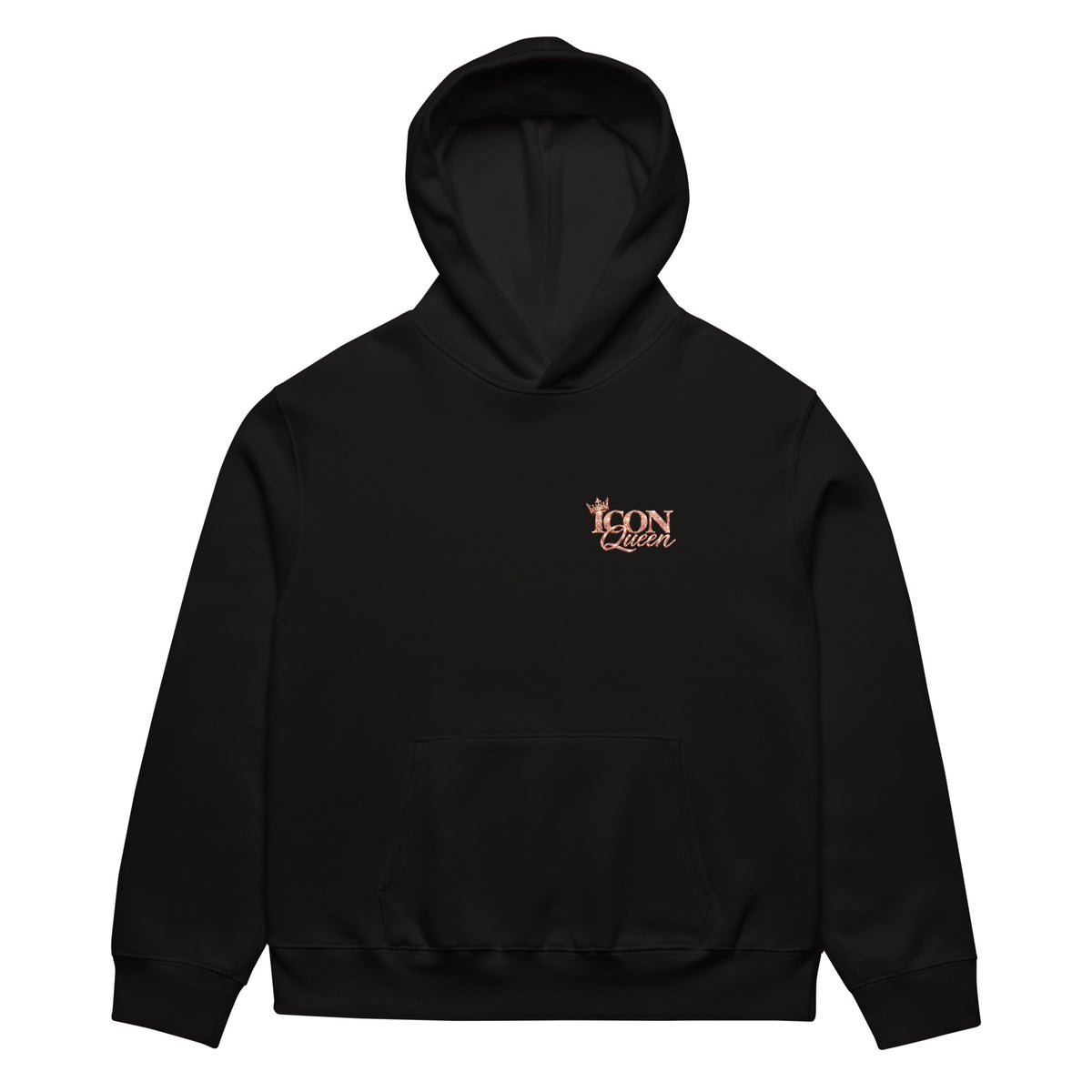 ICON Queen Hoodie in black, front view with rose-gold left-chest logo