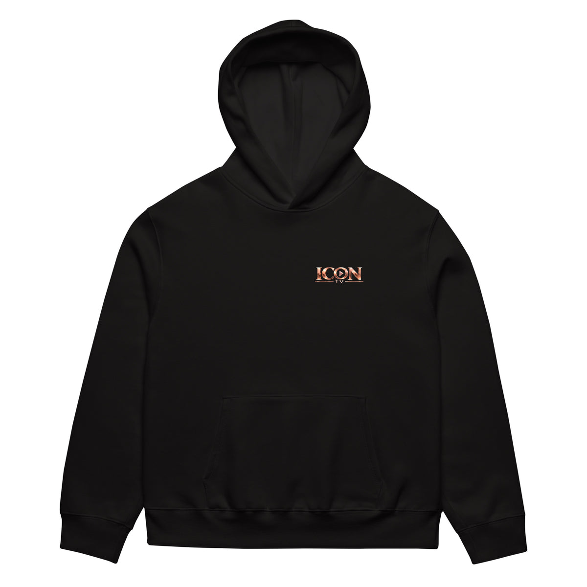 ICON TV Skyline Hoodie in black, front view with rose-gold left-chest logo