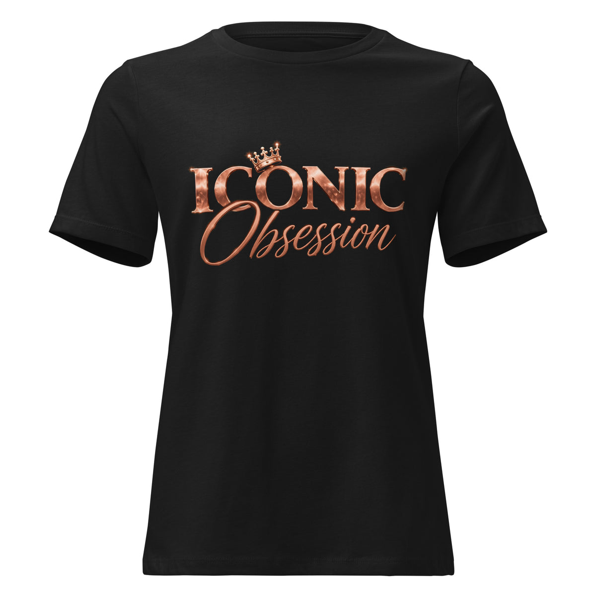 ICONIC Obsession Signature Tee in black, front view with rose-gold logo