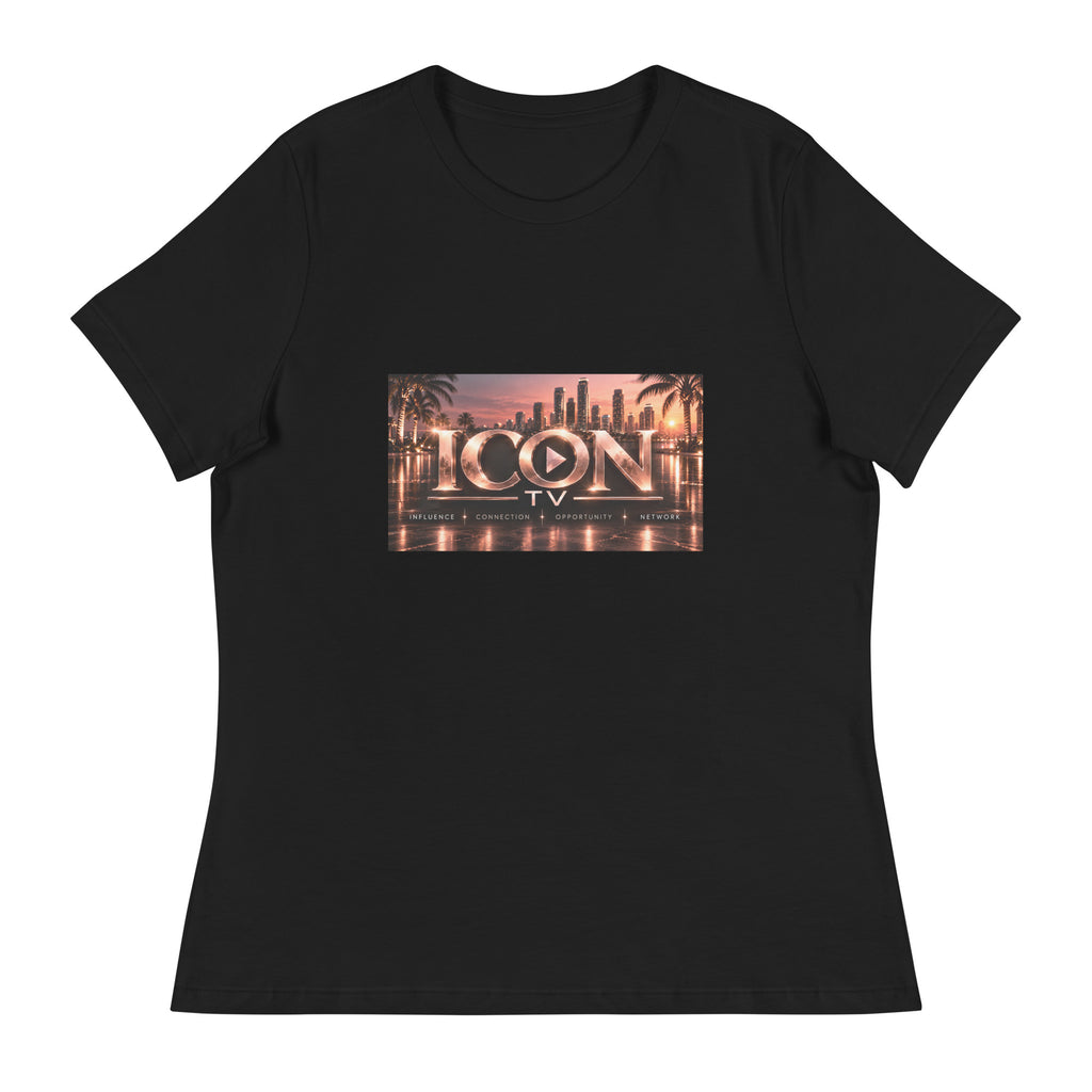 ICON TV Skyline Tee in black, front view with rose-gold ICON TV skyline graphic