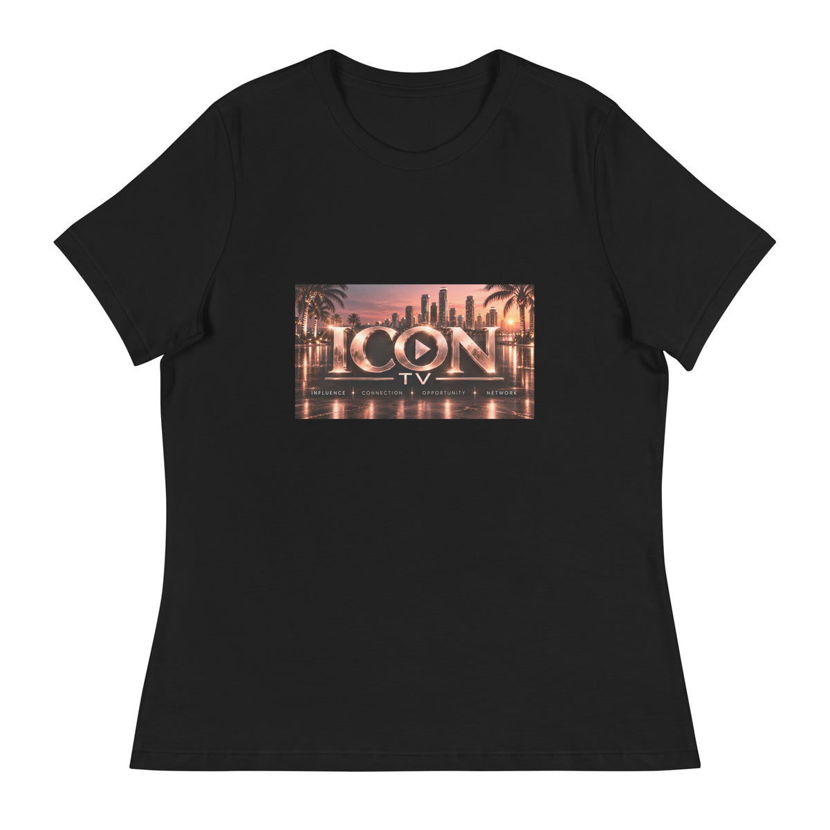 ICON TV Skyline Tee in black, front view with rose-gold ICON TV skyline graphic