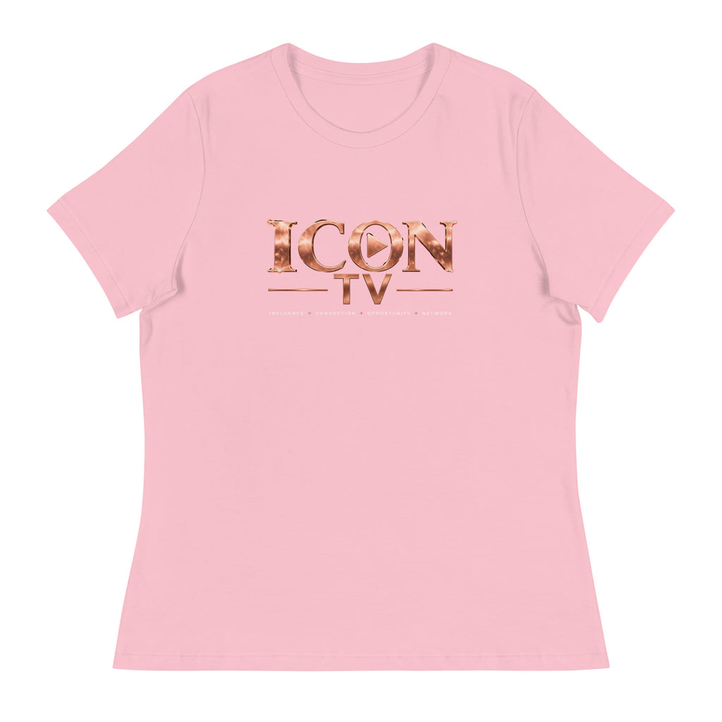 ICON TV Tee in pink, front view with rose-gold logo