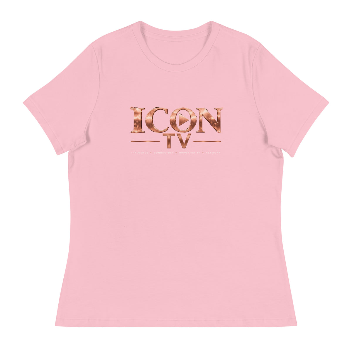 ICON TV Tee in pink, front view with rose-gold logo