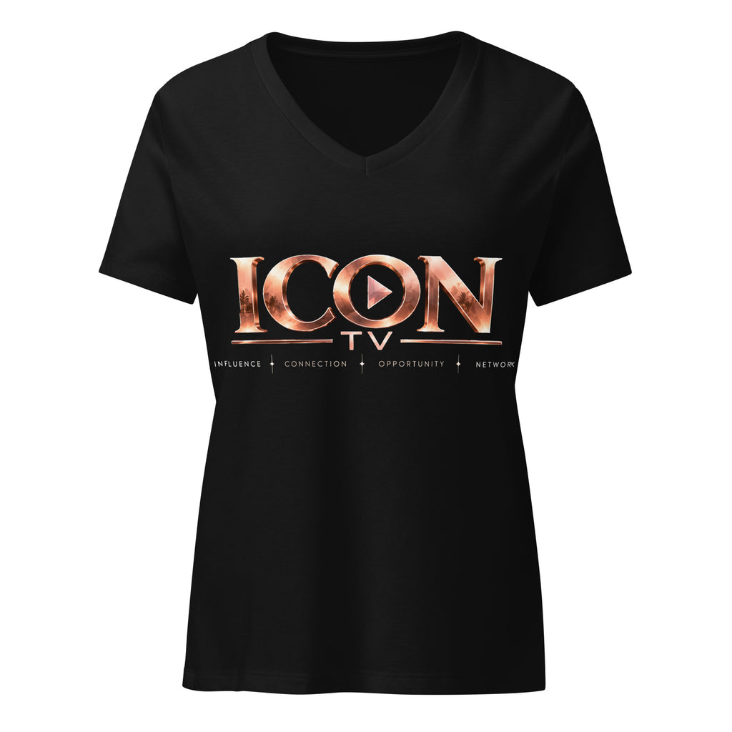 ICON TV V-Neck in black, front view with rose-gold logo